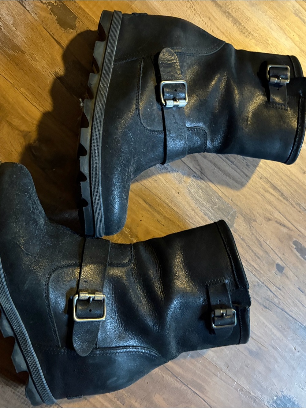 Sorel Black Leather Women's Moto Buckle Boots